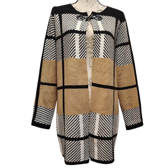 Anthropologies Oliver O Open Front Cardigan Womens Large Plaid Checkered Striped - Picture 1 of 7